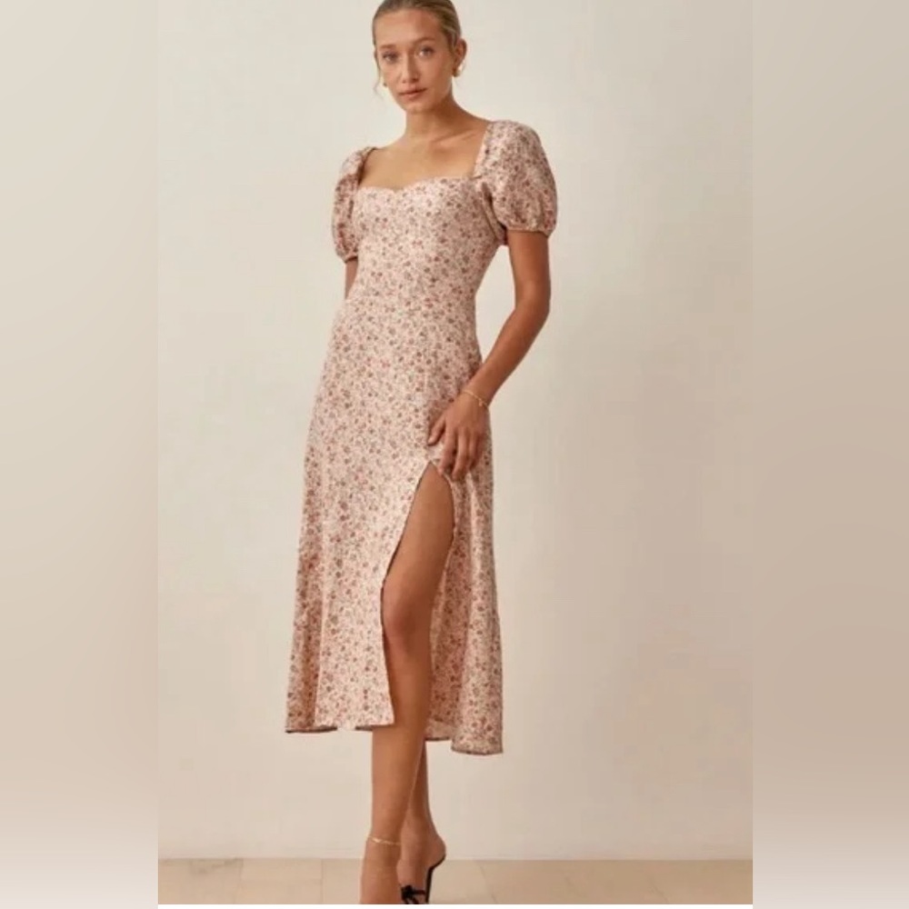 Reformation Pink Floral Square-Neck Midi Dress with Puff Sleeves